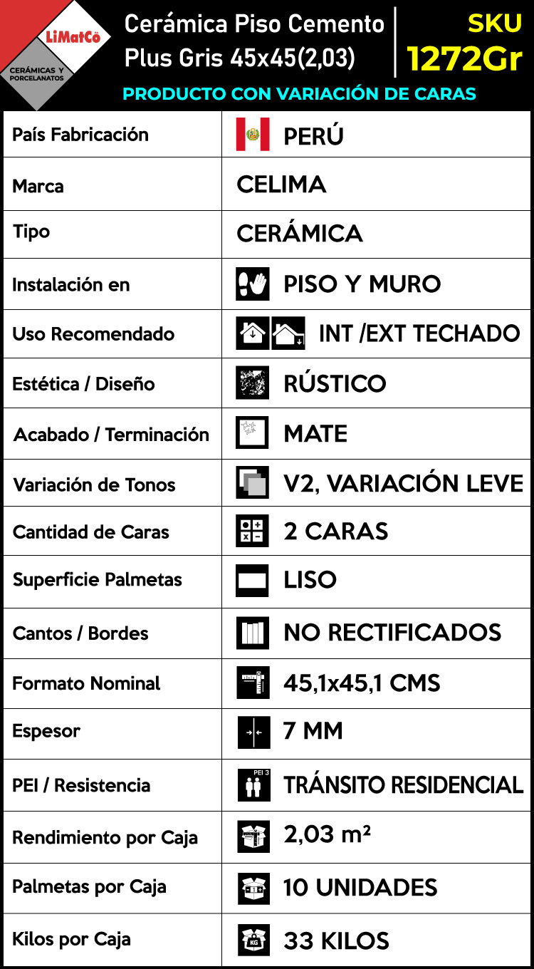 Cerámica Piso Cemento Plus Gris 2Caras 45x45