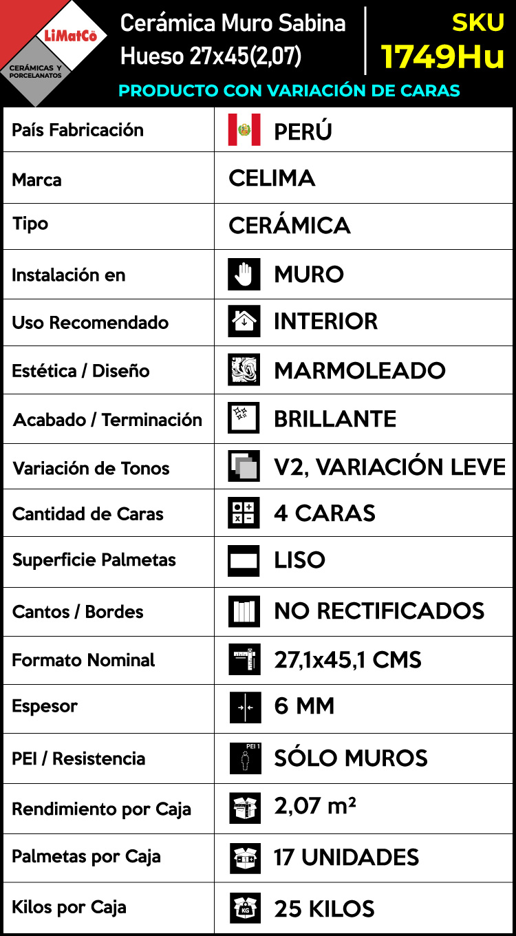 Cerámica Muro Sabina Hueso 4Caras 27x45