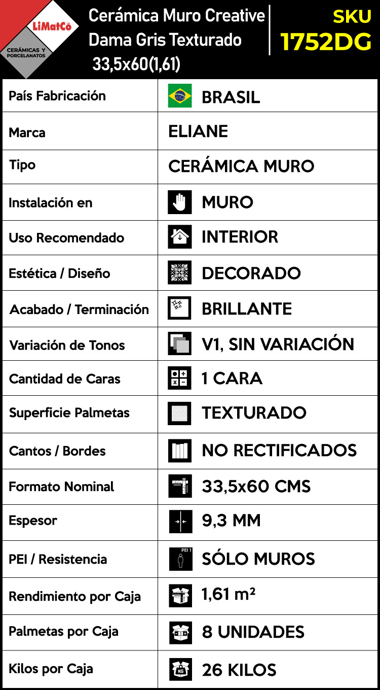 Cerámica Muro Creative Dama Gris Texturado 33,5x60