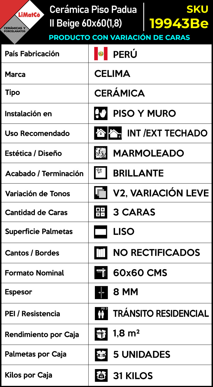 Cerámica Piso Padua II Beige 3Caras 60x60