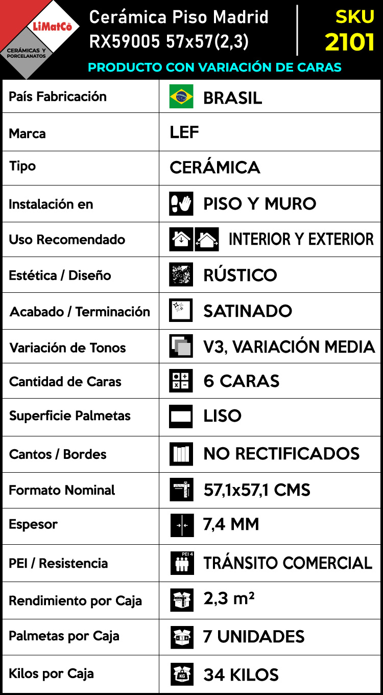 Cerámica Piso Madrid RX59005 6Caras 57x57