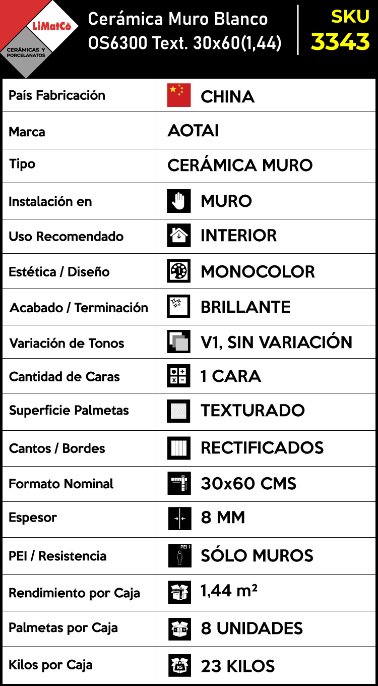 Cerámica Muro Blanco OS6300 Texturado Rectificado 30x60