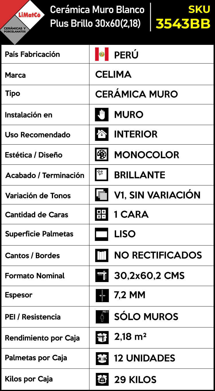 Cerámica Muro Blanco Plus Brillo 30x60