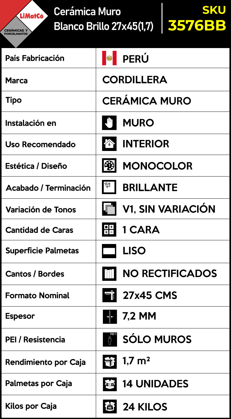 Cerámica Muro Blanco Brillo 27x45