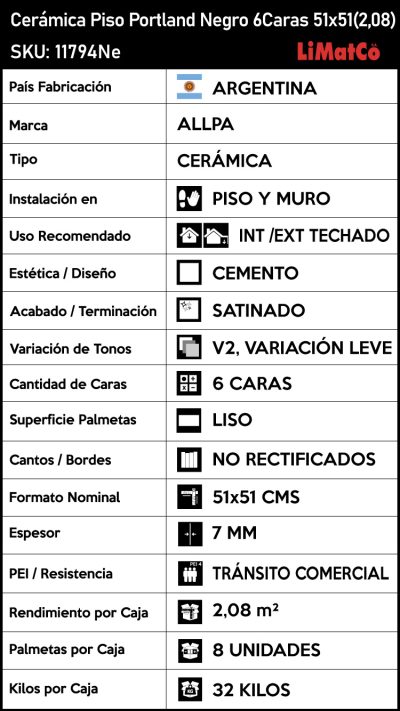 Cerámica Piso Portland Negro 6Caras 51x51(2,08) - Imagen 3