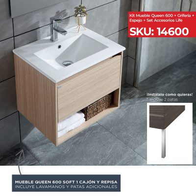 Kit Mueble Queen 600 + Grifería + Espejo + Set 3 Accesorios Life