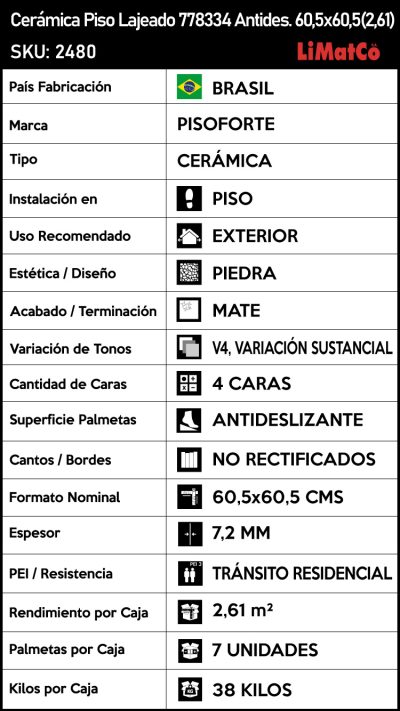 Cerámica Piso Lajeado 778334 Antideslizante 4Caras 60,5x60,5(2,61) - Imagen 8