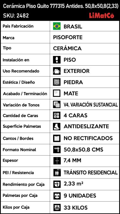 Cerámica Piso Quito 777315 Antideslizante 4Caras 50,8x50,8(2,33) - Imagen 8