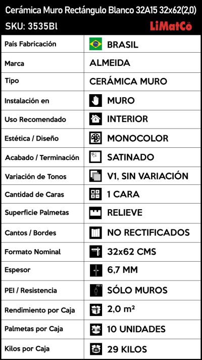 Cerámica Muro Rectángulo Blanco Texturado 32A15 32x62(2,0) - Imagen 5
