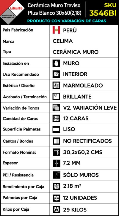Cerámica Muro Treviso Plus Blanco 12Caras 30x60(2,18) - Imagen 4