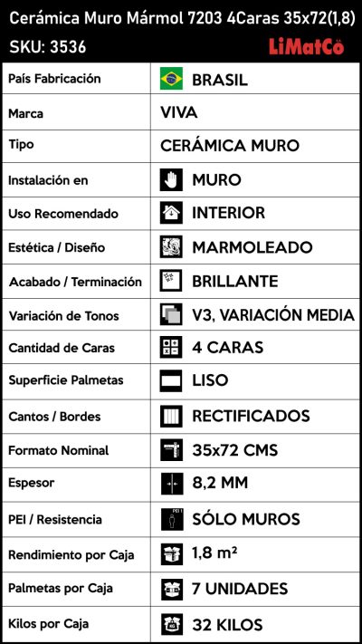 Mármol 7203 4Caras Rect. 35x72 (2,31)